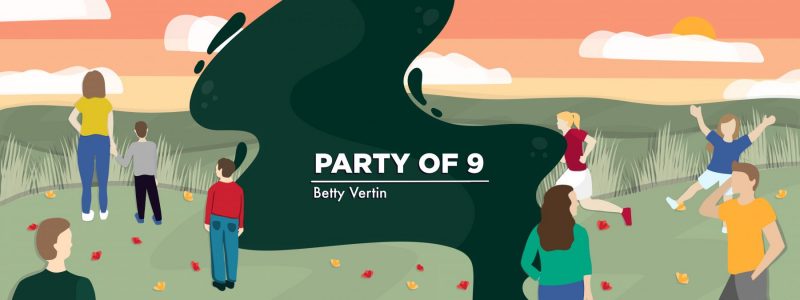 A banner for Betty Vertin's "Party of 9" that depicts a large family walking across a field at sunset..