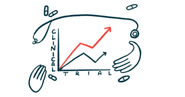 A pair of hands, a stethoscope and a handful of pills surround a graph showing measured improvements in a clinical trial.