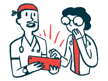 DMD diagnosis | Muscular Dystrophy News | illustration of two doctors with tablet conferring