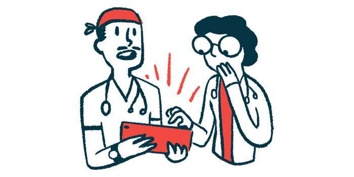 DMD diagnosis | Muscular Dystrophy News | illustration of two doctors with tablet conferring