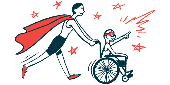DMD prognosis | Muscular Dystrophy News Today | illustration of child in wheelchair pushed by adult with cape