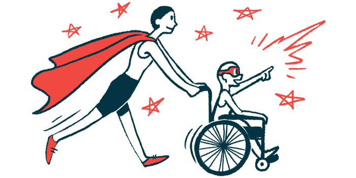 DMD prognosis | Muscular Dystrophy News Today | illustration of child in wheelchair pushed by adult with cape