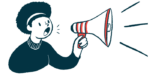 PPMD certification | Muscular Dystrophy News | announcement illustration of woman with megaphone