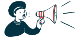 fundraiser games event | Muscular Dystrophy News | announcement illustration of woman with megaphone