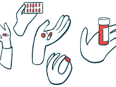 An illustration of hands holding oral medication.