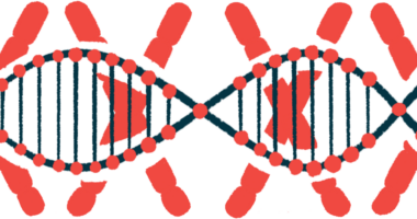 A single strand of DNA is shown against a background of red X's denoting chromosomes.