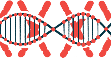 A closeup of a DNA strand against a background of red X's is shown.