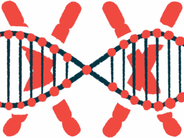 A single strand of DNA is shown against a background of red X's denoting chromosomes.