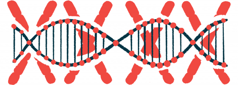A single strand of DNA is shown against a background of red X's denoting chromosomes.