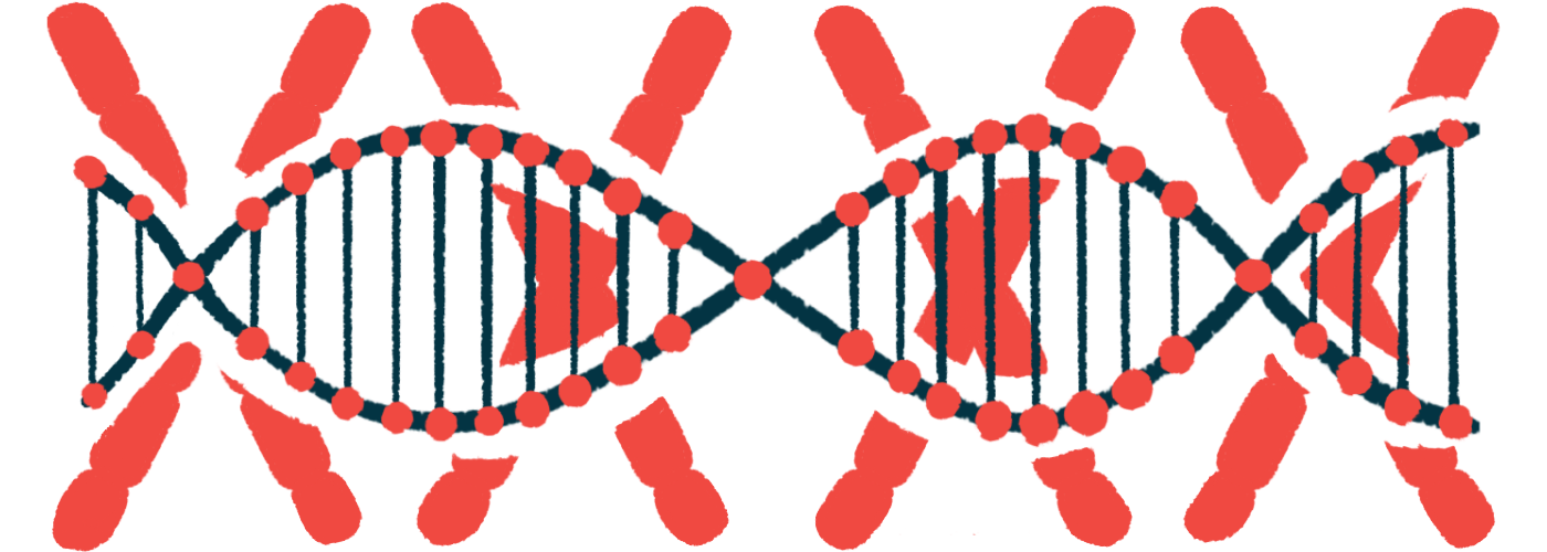 A closeup of a DNA strand against a background of red X's is shown.