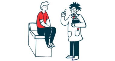 A clinician holding a clipboard gestures with his free hand while talking to a patient who's seated on an examining table.