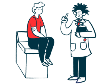 A clinician holding a clipboard gestures with his free hand while talking to a patient who's seated on an examining table.