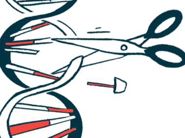 An illustration of scissors cutting one of the strands of the DNA molecule.