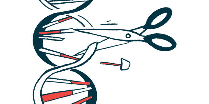 An illustration of scissors cutting one of the strands of the DNA molecule.