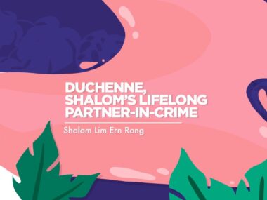 This banner illustration for the column Duchenne, Shalom's Lifelong Partner-in-Crime by Shalom Lim Ern Rong depicts a person with long, flowing pink hair.