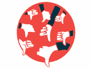Multiple hands are seen giving a thumbs down sign against the backdrop of a red circle.