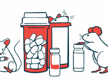 Two mice take interest in capsules of medicine and bottles.