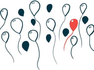An illustration of a red balloon among black and white ones.