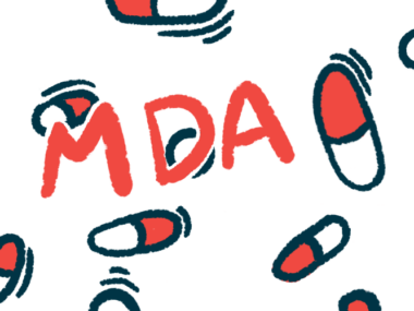 An illustration for an MDA conference story shows the letters MDA amid a scattering of pills.