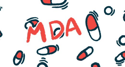 An illustration for an MDA conference story shows the letters MDA amid a scattering of pills.