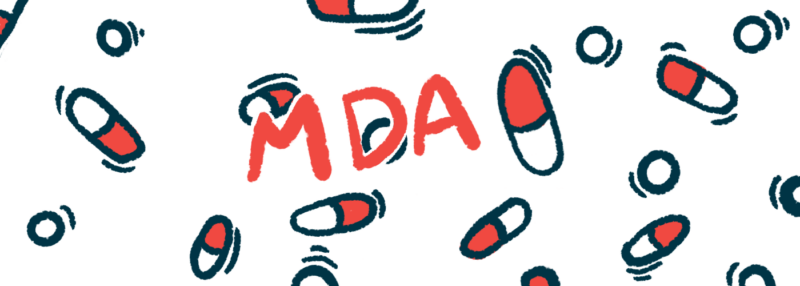 An illustration for an MDA conference story shows the letters MDA amid a scattering of pills.