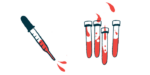 A squirting dropper is pictured alongside four vials, each half-filled with blood.