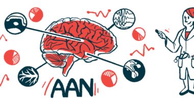 An illustration for the AAN conference, showign a scientist examining features of a human brain.