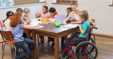 Children, one in a wheelchair, sitting around a table with a teacher.