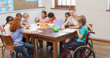 Children, one in a wheelchair, sitting around a table with a teacher.