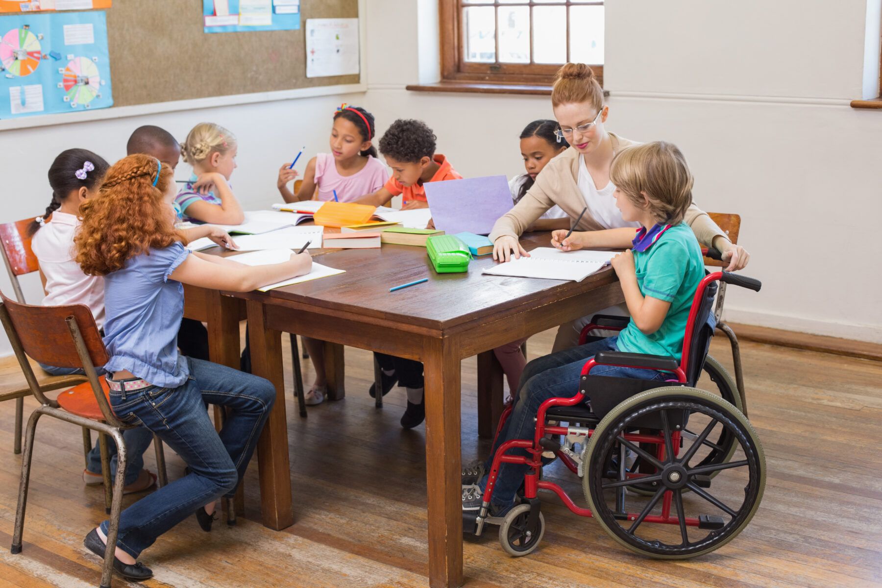 Children, one in a wheelchair, sitting around a table with a teacher.