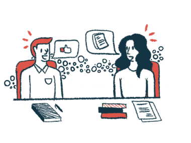Speech bubbles show the main points of conversation between two people talking while seated side by side at a conference table.