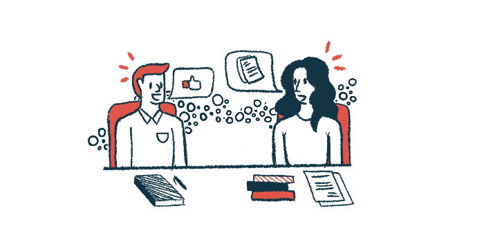 Speech bubbles show the main points of conversation between two people talking while seated side by side at a conference table.