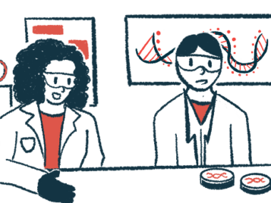 Two scientists seated at a table discuss research in this illustration for the Parent Project Muscular Dystrophy (PPMD) annual conference.