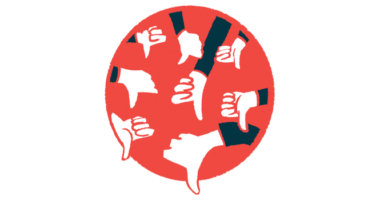 Several hands in a circle of shown giving a thumbs-down.