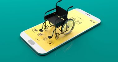 3D illustration of a wheelchair sitting on top of a smartphone