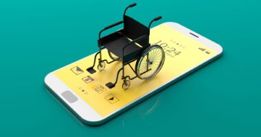 3D illustration of a wheelchair sitting on top of a smartphone