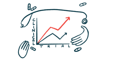 A set of hands, medicine and a stethoscope frame the results of a Clinical Trial graph.