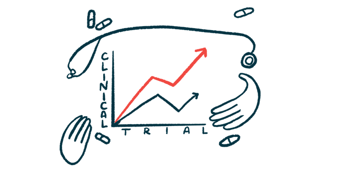 A set of hands, medicine and a stethoscope frame the results of a Clinical Trial graph.