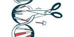 In a gene-editing illustration, a pair of scissors is shown cutting a strand of DNA.