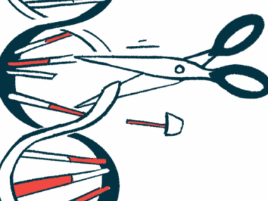 In a gene-editing illustration, a pair of scissors is shown cutting a strand of DNA.
