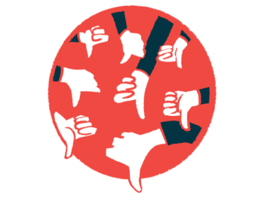 Multiple hands are seen giving the thumbs-down sign from inside a red circle.