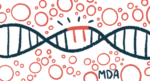 Against a background of red circles, the acronym MDA is seen below a strand of DNA repaired with the use of gene therapy.
