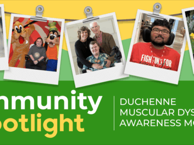 A Community Spotlight banner for Duchenne Muscular Dystrophy Awareness Month features five photos of people affected by DMD.
