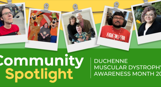 A Community Spotlight banner for Duchenne Muscular Dystrophy Awareness Month features five photos of people affected by DMD.