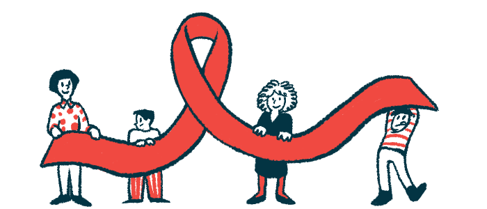Four people each hold up part of a giant red awareness ribbon.