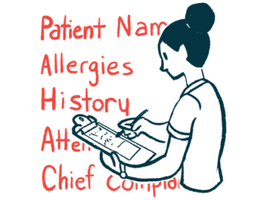 A person fills out medical forms on a clipboard, against a backdrop showing words from the paperwork.