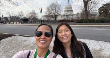 Nell Choi, right, and her mom, Maggie Kang, take a selfie with the U.S. Capitol in the background while in Washington, D.C., for Rare Disease Week. (Photo by Maggie Kang)