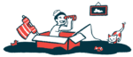 A child uses a cardboard box as a boat and peers through a spyglass while pretending to be a sailor.
