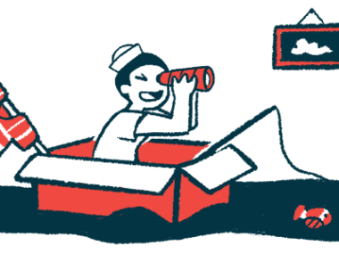 A child uses a cardboard box as a boat and peers through a spyglass while pretending to be a sailor.