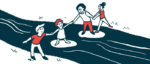 An illustration of a family holding hands crossing as stream.